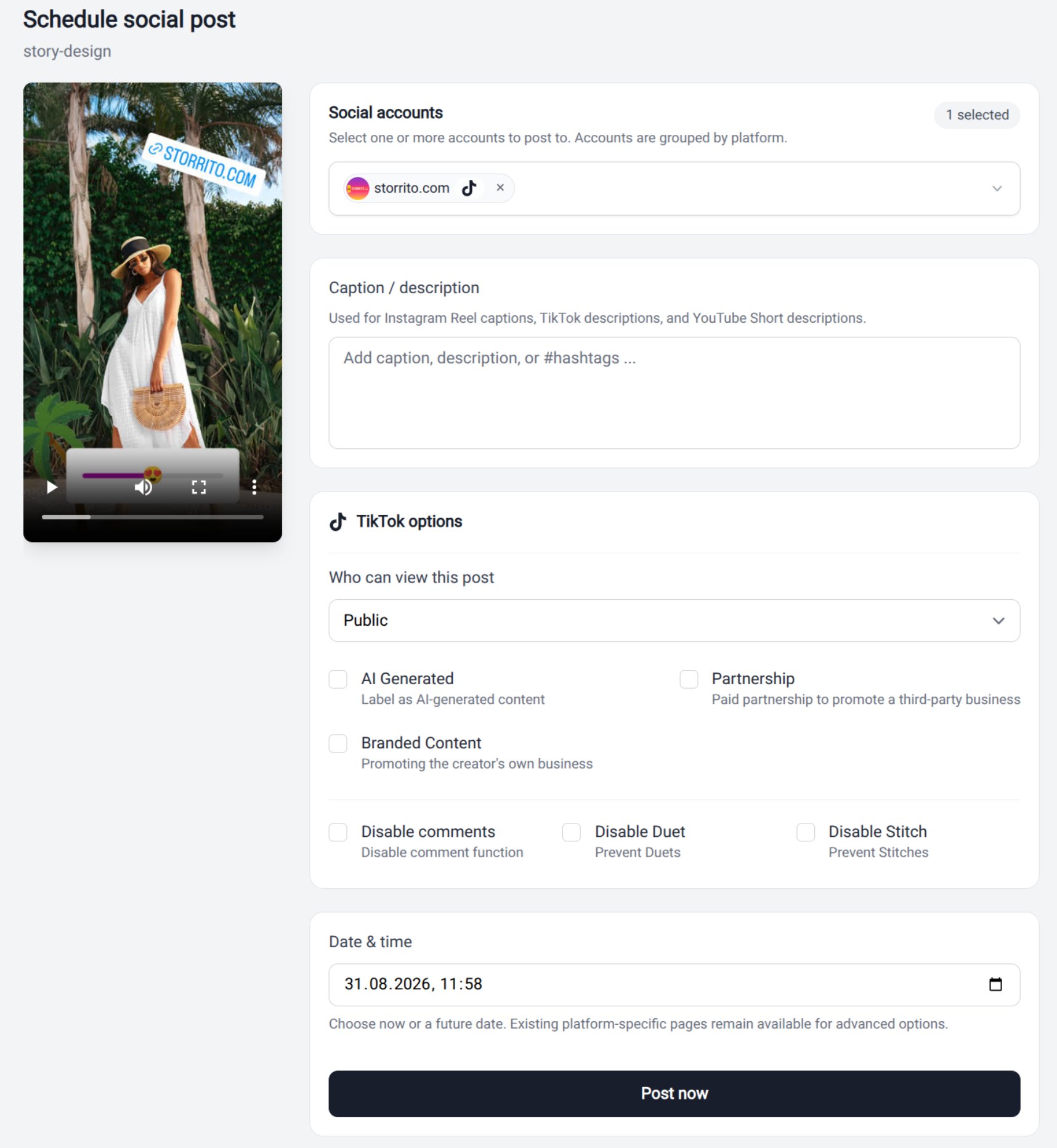 Scheduling a TikTok post in Storrito with visibility, AI label, branded content, comment, Duet and Stitch options