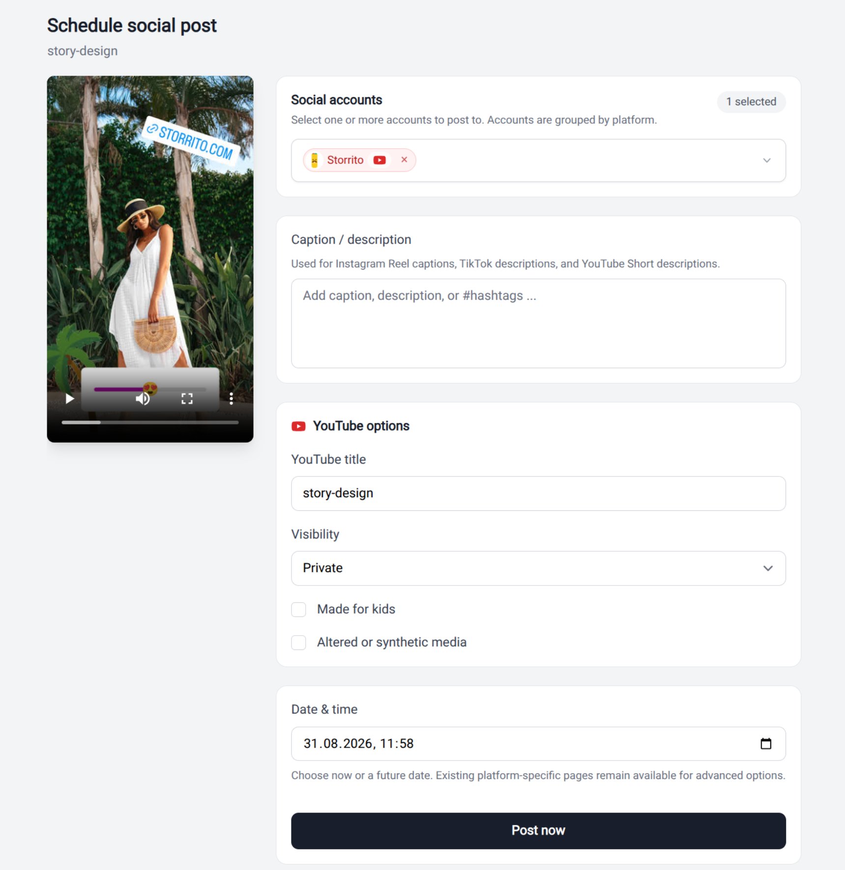 Scheduling a YouTube Short in Storrito with title, visibility, made-for-kids and synthetic-media options