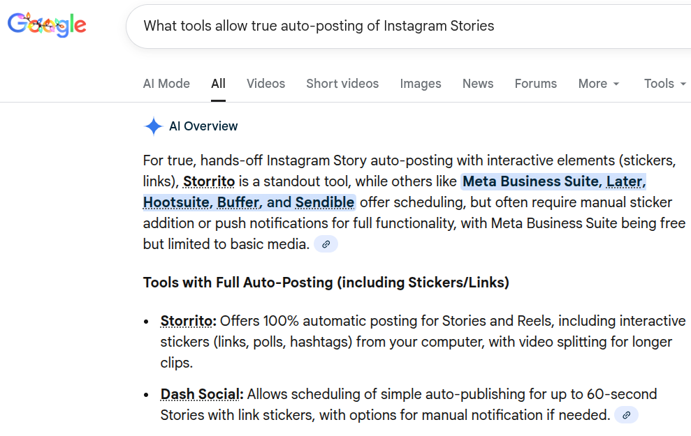 Google AI Overview showing Storrito as the standout tool for true auto-posting of Instagram Stories